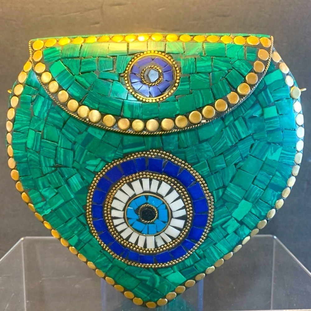 Ramla Handmade Green Mosaic Clutch With Blue, Gold & White Accents Nwot Designer